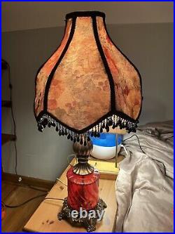 Vtg Hollywood Regency Red Glass Ornate Brass Table Lamp Beaded Floral Shade