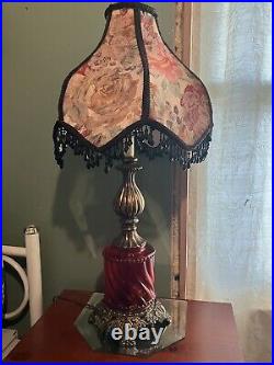Vtg Hollywood Regency Red Glass Ornate Brass Table Lamp Beaded Floral Shade