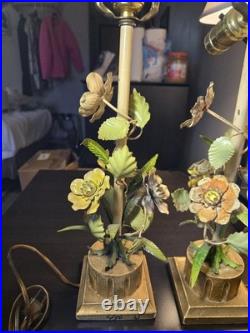 Vtg. Italian made painted metal gold leaf lamp base lamps pair