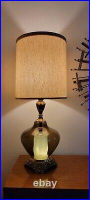 Vtg Large Mid Century Smoke Glass & Brass Hollywood Regency Table Lamp