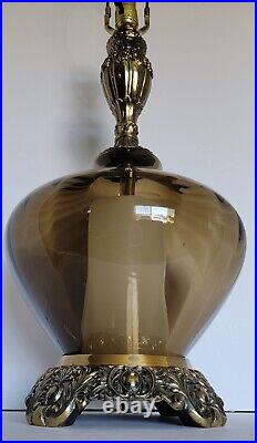 Vtg Large Mid Century Smoke Glass & Brass Hollywood Regency Table Lamp