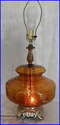 Vtg Lg Amber Glass Table Lamp Hollywood Regency MCM Night Light Metal Tube 28H