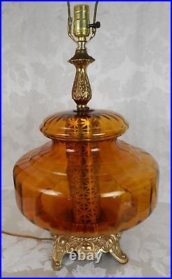 Vtg Lg Amber Glass Table Lamp Hollywood Regency MCM Night Light Metal Tube 28H
