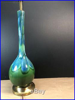 Vtg MCM 1950-60s Retro Drip Glaze Blue Green Table Lamp Peacock Feather