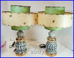 Vtg MCM Ceramic Table Lamp with Three Tier Fiberglass Shade Set of Two Atomic