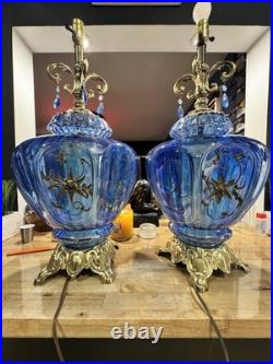 Vtg MCM Hollywood Regency Blue Carnival Glass Lamp Iridescent Carl Falkenstein