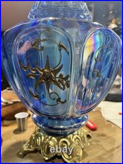 Vtg MCM Hollywood Regency Blue Carnival Glass Lamp Iridescent Carl Falkenstein