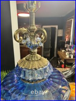 Vtg MCM Hollywood Regency Blue Carnival Glass Lamp Iridescent Carl Falkenstein