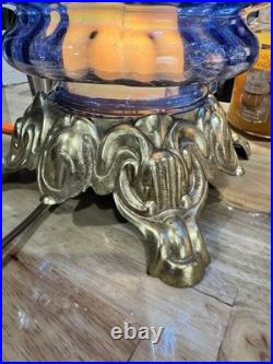 Vtg MCM Hollywood Regency Blue Carnival Glass Lamp Iridescent Carl Falkenstein