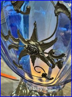 Vtg MCM Hollywood Regency Blue Carnival Glass Lamp Iridescent Carl Falkenstein