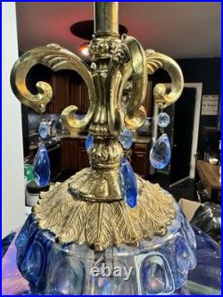 Vtg MCM Hollywood Regency Blue Carnival Glass Lamp Iridescent Carl Falkenstein