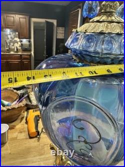 Vtg MCM Hollywood Regency Blue Carnival Glass Lamp Iridescent Carl Falkenstein