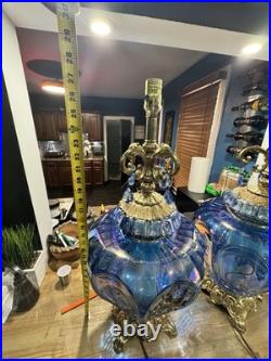 Vtg MCM Hollywood Regency Blue Carnival Glass Lamp Iridescent Carl Falkenstein
