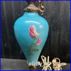 Vtg MCM PAIR Pitcher Pottery Art Blue Pink Flowers Mediterranean Table Lamps