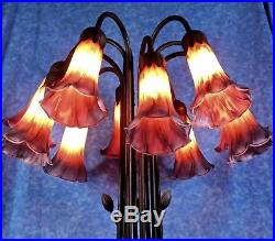 Vtg. MEYDA Tiffany Style 10 Lite Pond Lily 22 Accent Lamp, Amber/ Purple Shades