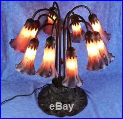 Vtg. MEYDA Tiffany Style 10 Lite Pond Lily 22 Accent Lamp, Amber/ Purple Shades