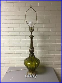 Vtg MID Century Green Glass Brass Tall Table Lamp Hollywood Regency Working 41