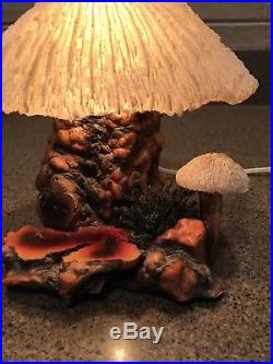 Vtg Magic Mushroom Coral Table Lamp Burl Wood Tree Base Authentic Signed1990