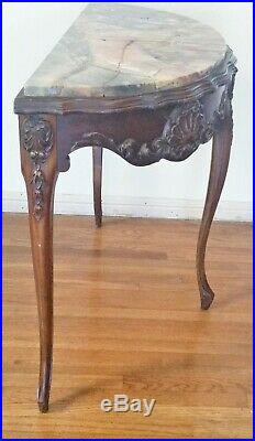 Vtg Marble Top Walnut Carved French Style Entryway Narrow Half Round Lamp Table