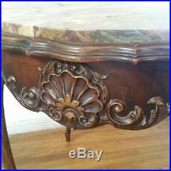 Vtg Marble Top Walnut Carved French Style Entryway Narrow Half Round Lamp Table