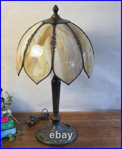 Vtg Meyda Tiffany Style Table Lamp Art Nouveau Yellow Slag Glass Shade