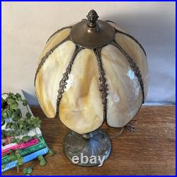 Vtg Meyda Tiffany Style Table Lamp Art Nouveau Yellow Slag Glass Shade Vtg Meyda Tiffany Style Table Lamp Art Nouveau Yellow Slag Glass Shade