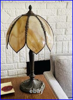 Vtg Meyda Tiffany Style Table Lamp Art Nouveau Yellow Slag Glass Shade
