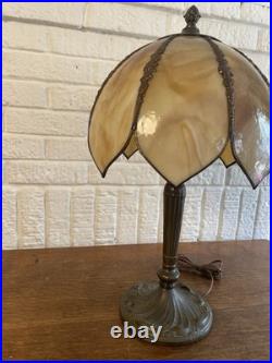 Vtg Meyda Tiffany Style Table Lamp Art Nouveau Yellow Slag Glass Shade Vtg Meyda Tiffany Style Table Lamp Art Nouveau Yellow Slag Glass Shade