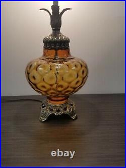 Vtg Mid Century Dimple Amber Glass & Brass Table Lamp