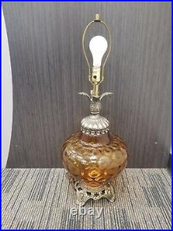 Vtg Mid Century Dimple Amber Glass & Brass Table Lamp