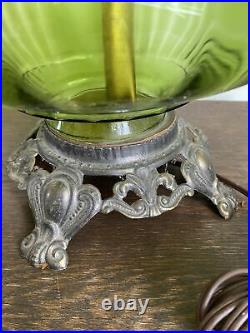 Vtg Mid Century Hollywood Regency Emerald Green Glass Metal Lamp
