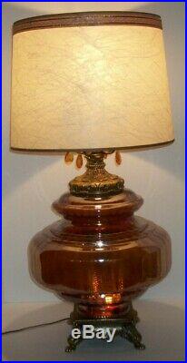 Vtg Mid Century Hollywood Regency Large Iridescent Amber Glass Prism Table Lamp