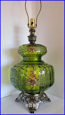Vtg Mid Century Hollywood Regency Optical Green Glass & Brass Table Lamp Vtg Mid Century Hollywood Regency Optical Green Glass & Brass Table Lamp