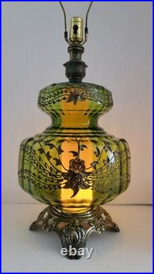 Vtg Mid Century Hollywood Regency Optical Green Glass & Brass Table Lamp Vtg Mid Century Hollywood Regency Optical Green Glass & Brass Table Lamp