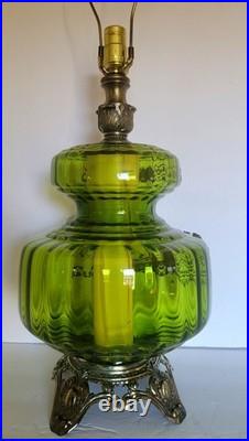 Vtg Mid Century Hollywood Regency Optical Green Glass & Brass Table Lamp Vtg Mid Century Hollywood Regency Optical Green Glass & Brass Table Lamp