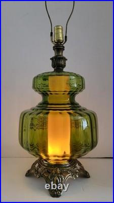 Vtg Mid Century Hollywood Regency Optical Green Glass & Brass Table Lamp Vtg Mid Century Hollywood Regency Optical Green Glass & Brass Table Lamp