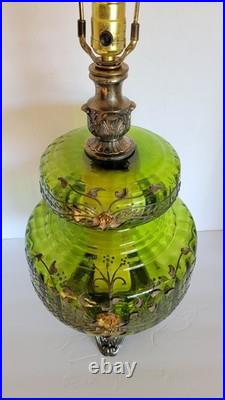 Vtg Mid Century Hollywood Regency Optical Green Glass & Brass Table Lamp