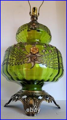 Vtg Mid Century Hollywood Regency Optical Green Glass & Brass Table Lamp Vtg Mid Century Hollywood Regency Optical Green Glass & Brass Table Lamp