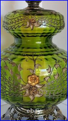 Vtg Mid Century Hollywood Regency Optical Green Glass & Brass Table Lamp