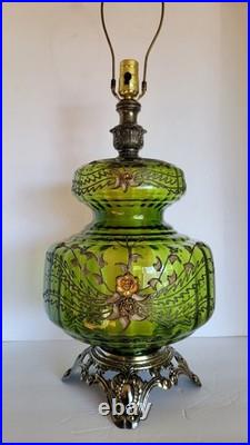Vtg Mid Century Hollywood Regency Optical Green Glass & Brass Table Lamp