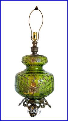 Vtg Mid Century Hollywood Regency Optical Green Glass & Brass Table Lamp