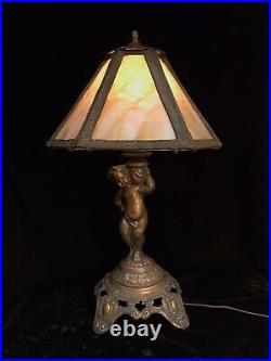 Vtg Mid Century Italian Cherub Table Lamp with Caramel Slag Glass Shade