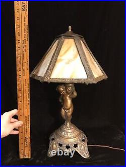 Vtg Mid Century Italian Cherub Table Lamp with Caramel Slag Glass Shade