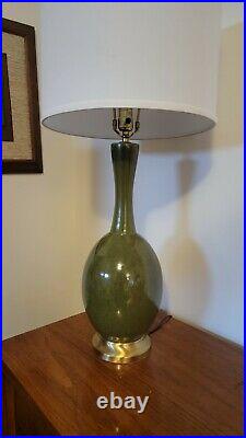 Vtg Mid Century Modern Avocado Green Glaze Ceramic Genie Bottle Lamp