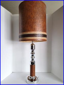 Vtg Mid Century Modern Chrome & Naugahyde Leather Table Lamp & Original Shade