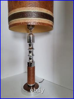 Vtg Mid Century Modern Chrome & Naugahyde Leather Table Lamp & Original Shade