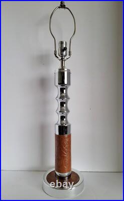 Vtg Mid Century Modern Chrome & Naugahyde Leather Table Lamp & Original Shade