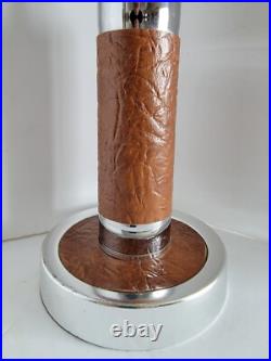Vtg Mid Century Modern Chrome & Naugahyde Leather Table Lamp & Original Shade