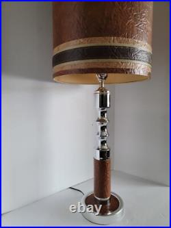 Vtg Mid Century Modern Chrome & Naugahyde Leather Table Lamp & Original Shade