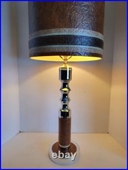 Vtg Mid Century Modern Chrome & Naugahyde Leather Table Lamp & Original Shade
